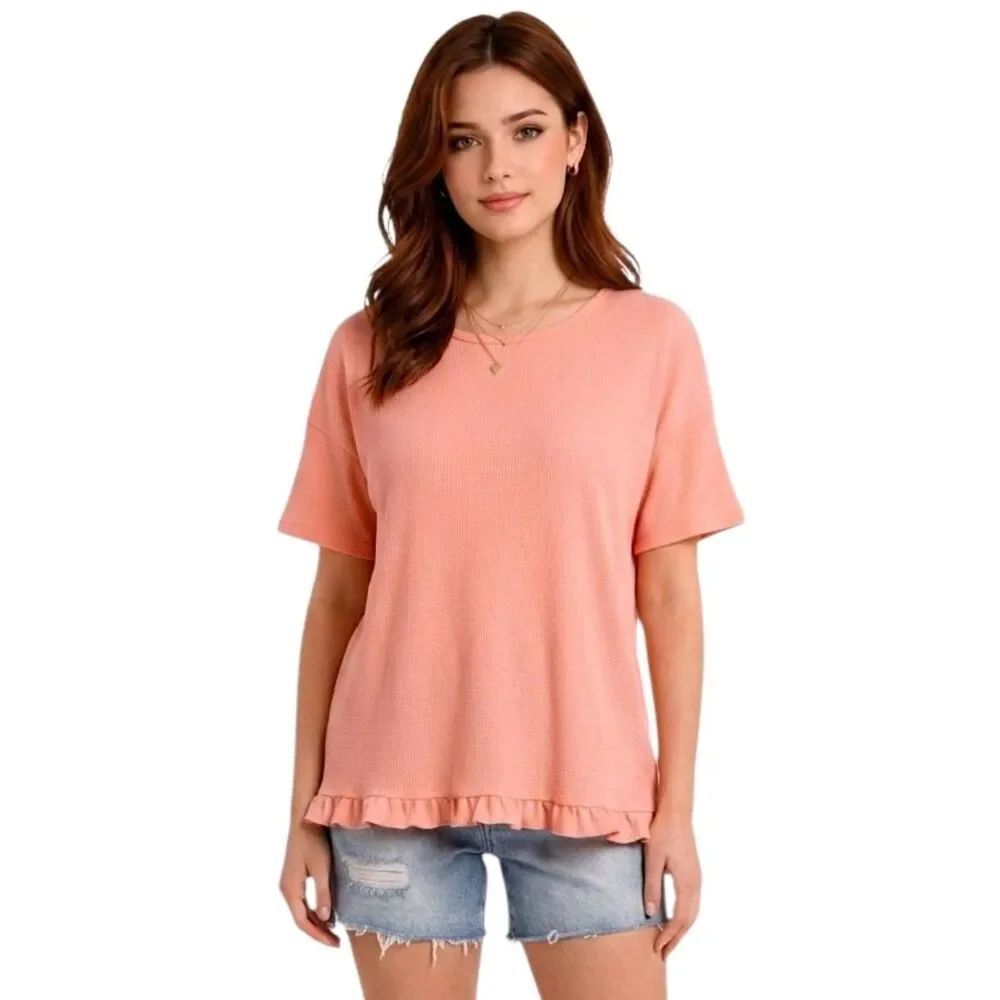 AnyBody Tangerine Ruffle Hem Short Sleeve Crinkle Knit Top Size L